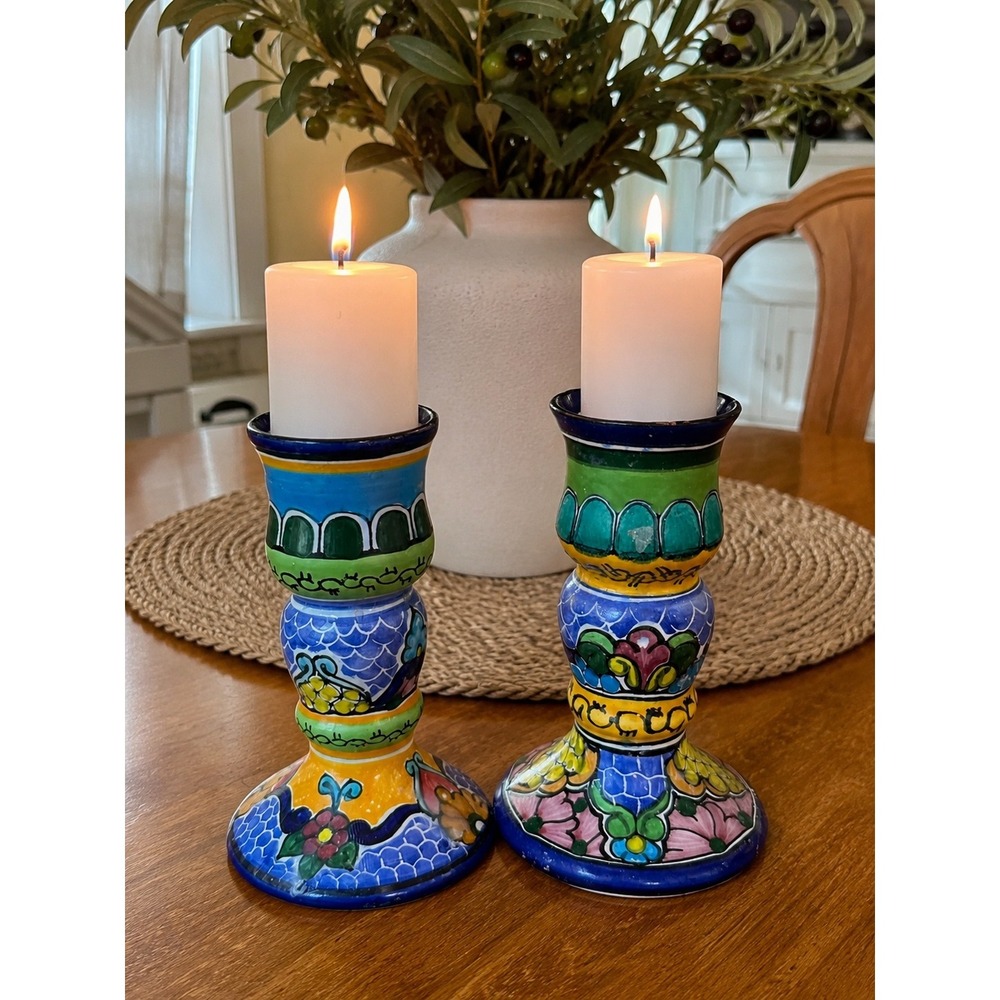 Guty Hernandez Talavera Hand Painted Pottery Candlesticks Puebla Mexico Set of 2